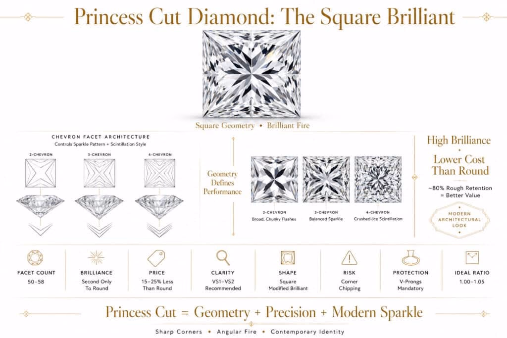 Luxury horizontal editorial infographic featuring a princess cut diamond with chevron facet architecture diagrams, angular sparkle comparisons, technical data strip, and refined gold-accented typography on a pure white background.