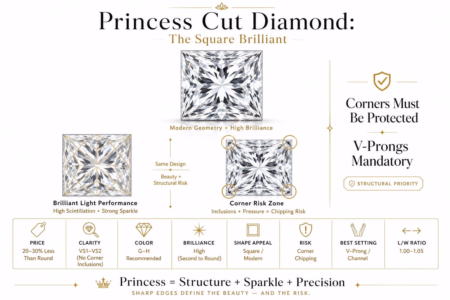 Princess cut square brilliant facet structure — how the L:W ratio affects face-up shape