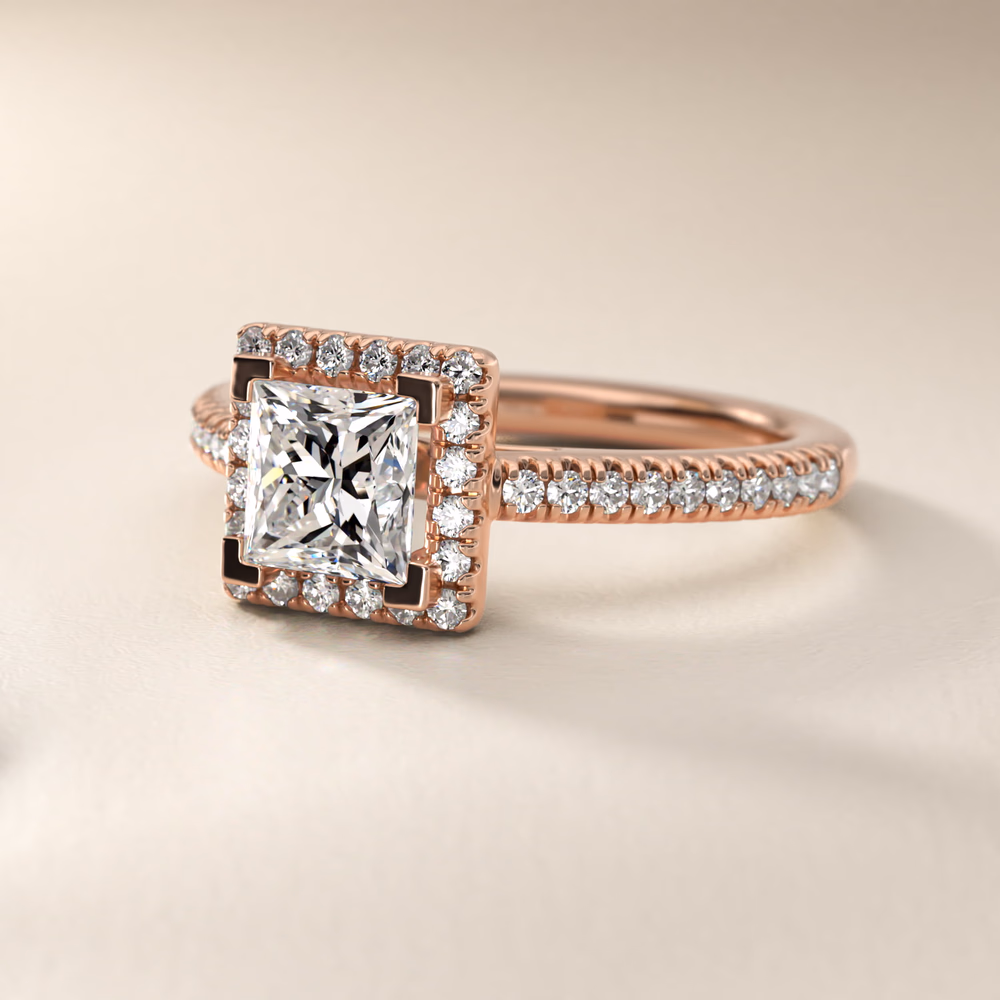 Princess Cut Double Halo — Blue Nile Studio Gala Ring in 14K Rose Gold with square halo framing the princess cut center stone
