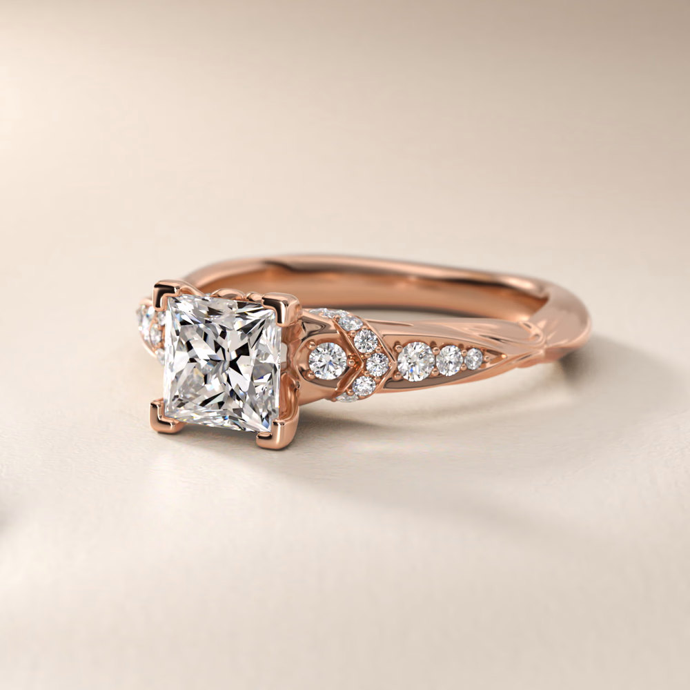 Falling Edge Pavé Halo Diamond Engagement Ring in 14K Rose Gold — princess cut center, cascading halo flows into pavé band for continuous diamond coverage