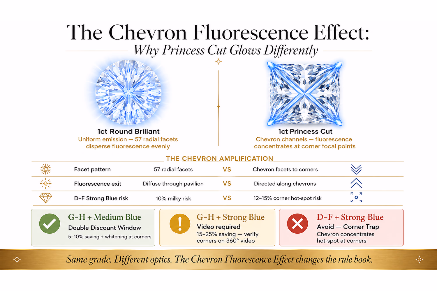 Princess cut diamond fluorescence: the Chevron Fluorescence Effect diagram showing how chevron facets create directional blue glow channels toward corner focal points vs round brilliant's uniform radial emission