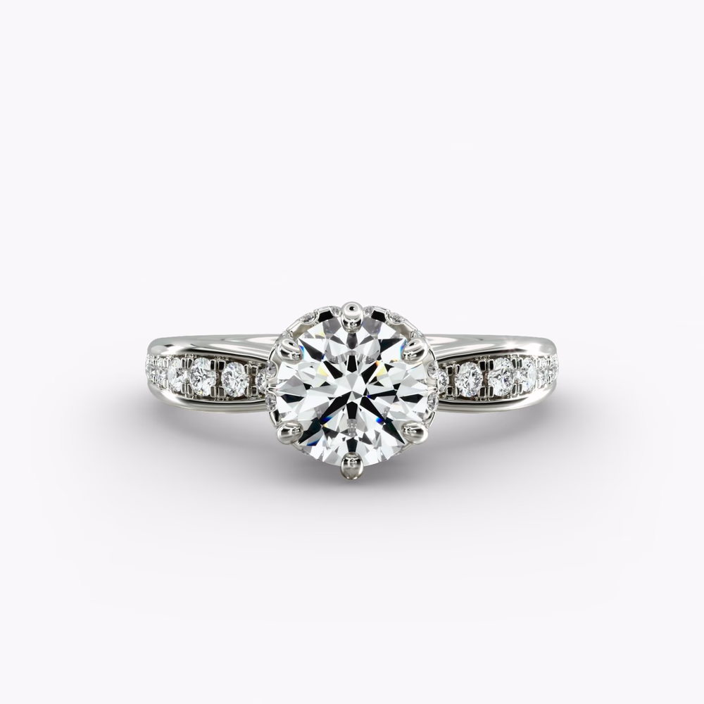 Princess Cut Hidden Halo Three Stone — six prong pavé hidden halo setting with three-stone profile
