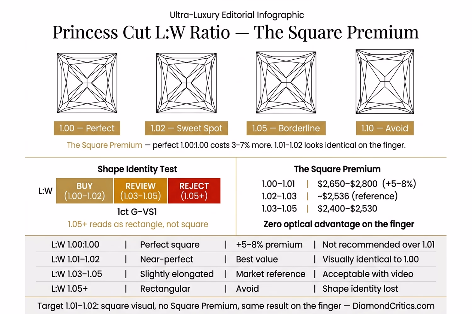 Princess cut length to width ratio comparison — 1.00, 1.02, 1.05, 1.10 face-up visual and price impact