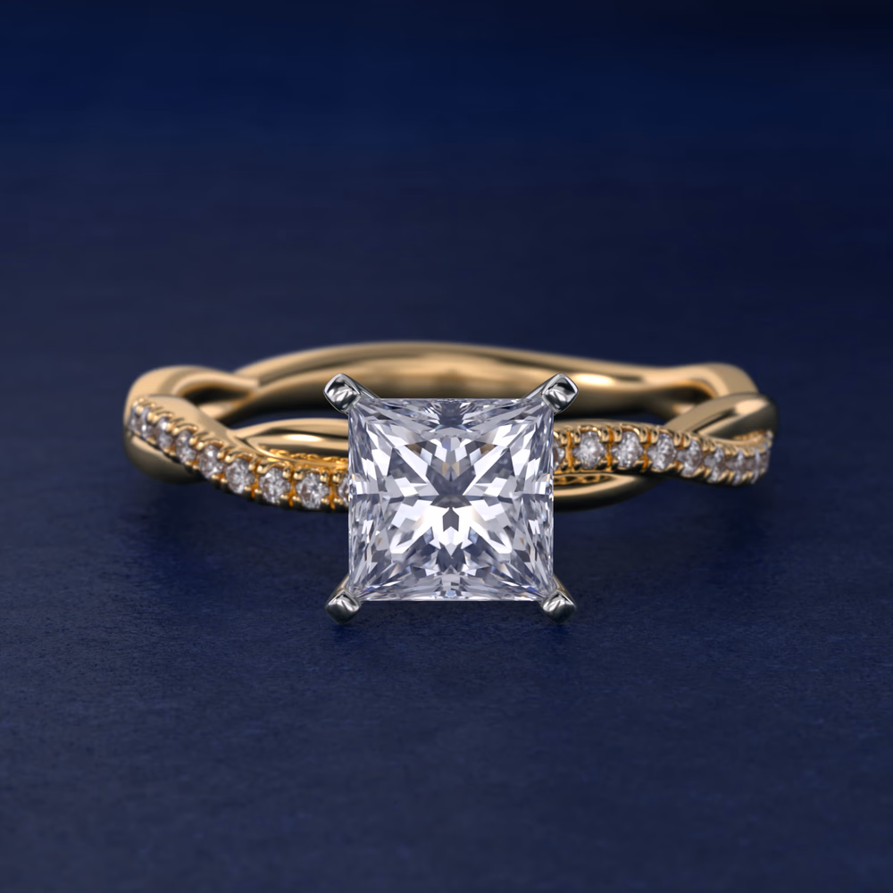 Petite Twist Pavé Diamond Engagement Ring in 14K Yellow Gold — princess cut center, twisted spiral pavé shank visible from all angles