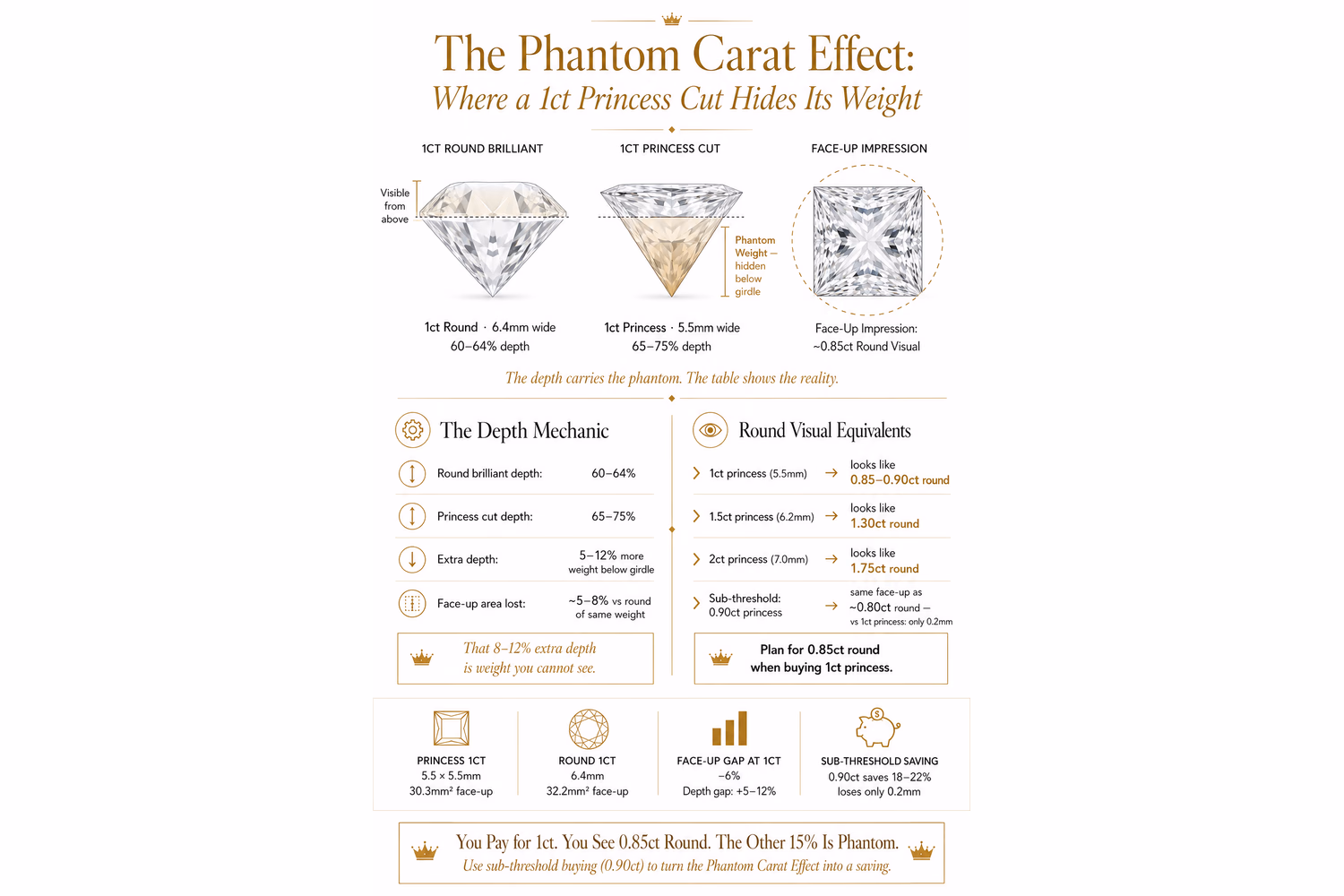 Princess cut vs round brilliant face-up size comparison — 1ct princess 5.5mm vs 1ct round 6.4mm, Phantom Carat Effect depth data showing weight distribution