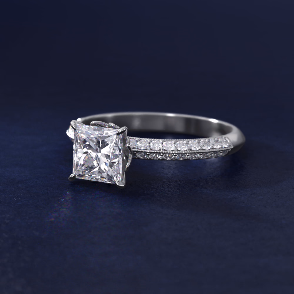 Crown Pavé Hidden Halo Diamond Engagement Ring in Platinum by James Allen — princess cut center diamond with hidden halo beneath crown and pavé band in platinum, 26 reviews on Blue Nile