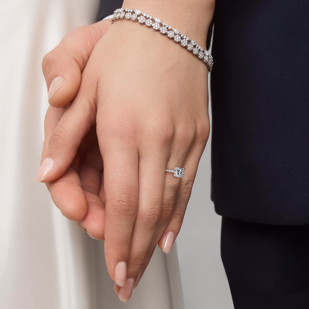 Riviera Cathedral Pavé Diamond Engagement Ring in Platinum — princess cut center, riviera pavé band with cathedral arch, the most reviewed cathedral setting on Blue Nile