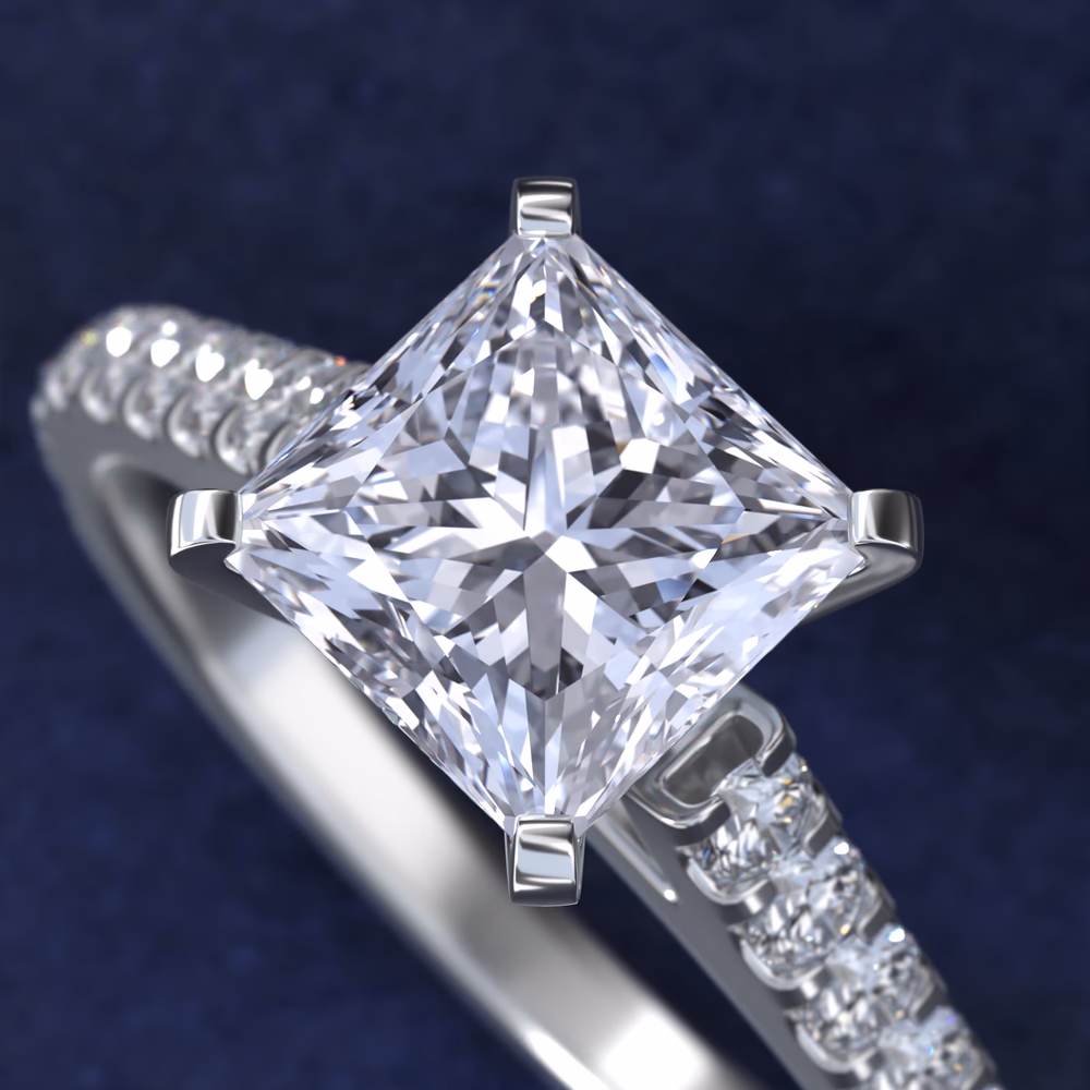 Riviera Pavé Diamond Engagement Ring in 14K White Gold — princess cut center with seamless riviera-set diamond row along band edges