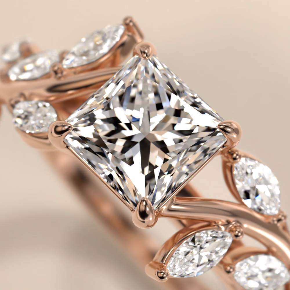 Gallery Collection Cathedral Pavé or Asymmetrical Pavé Engagement Ring in 14K Rose Gold — princess cut center with pavé band in rose gold showing asymmetrical diamond placement along the shank