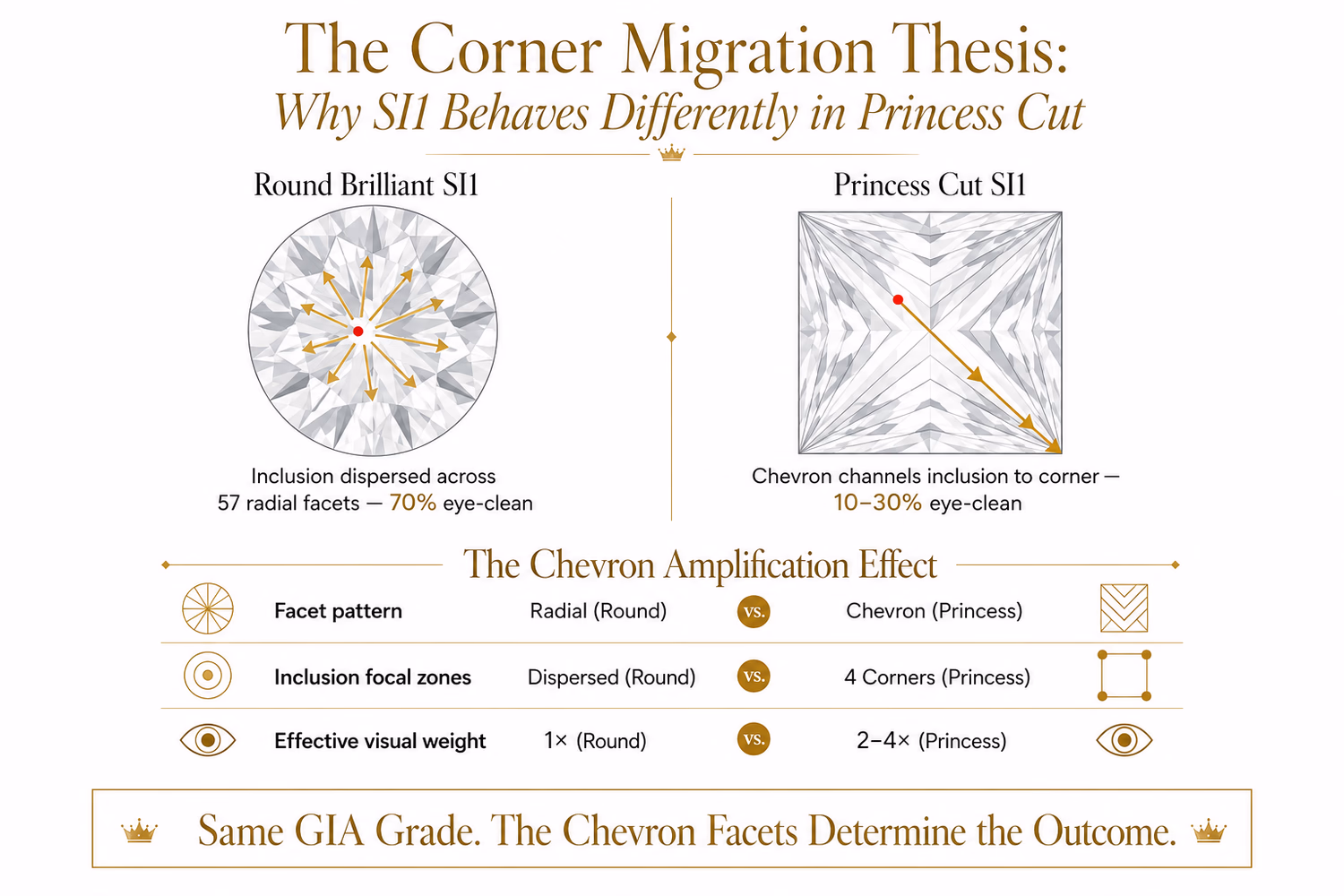 Princess cut SI1 inclusion corner migration diagram — how chevron facets channel SI1 inclusions to corner focal points vs round brilliant dispersion