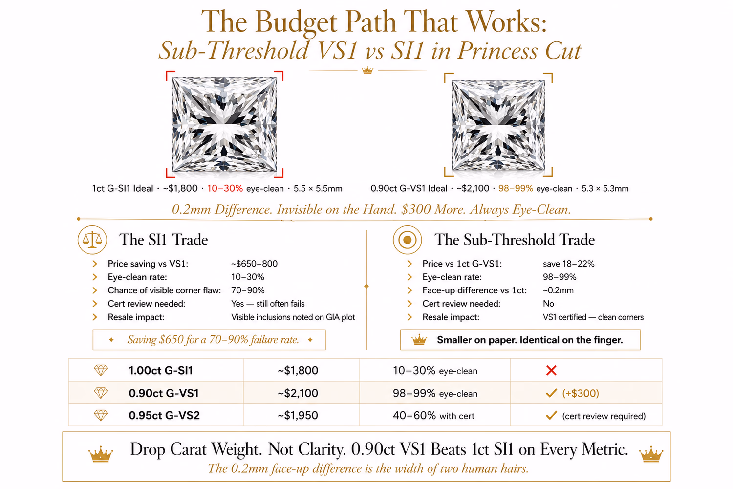Princess cut SI1 vs sub-threshold VS1 budget comparison — 0.90ct G-VS1 vs 1ct G-SI1 price, face-up size, and eye-clean rate side by side