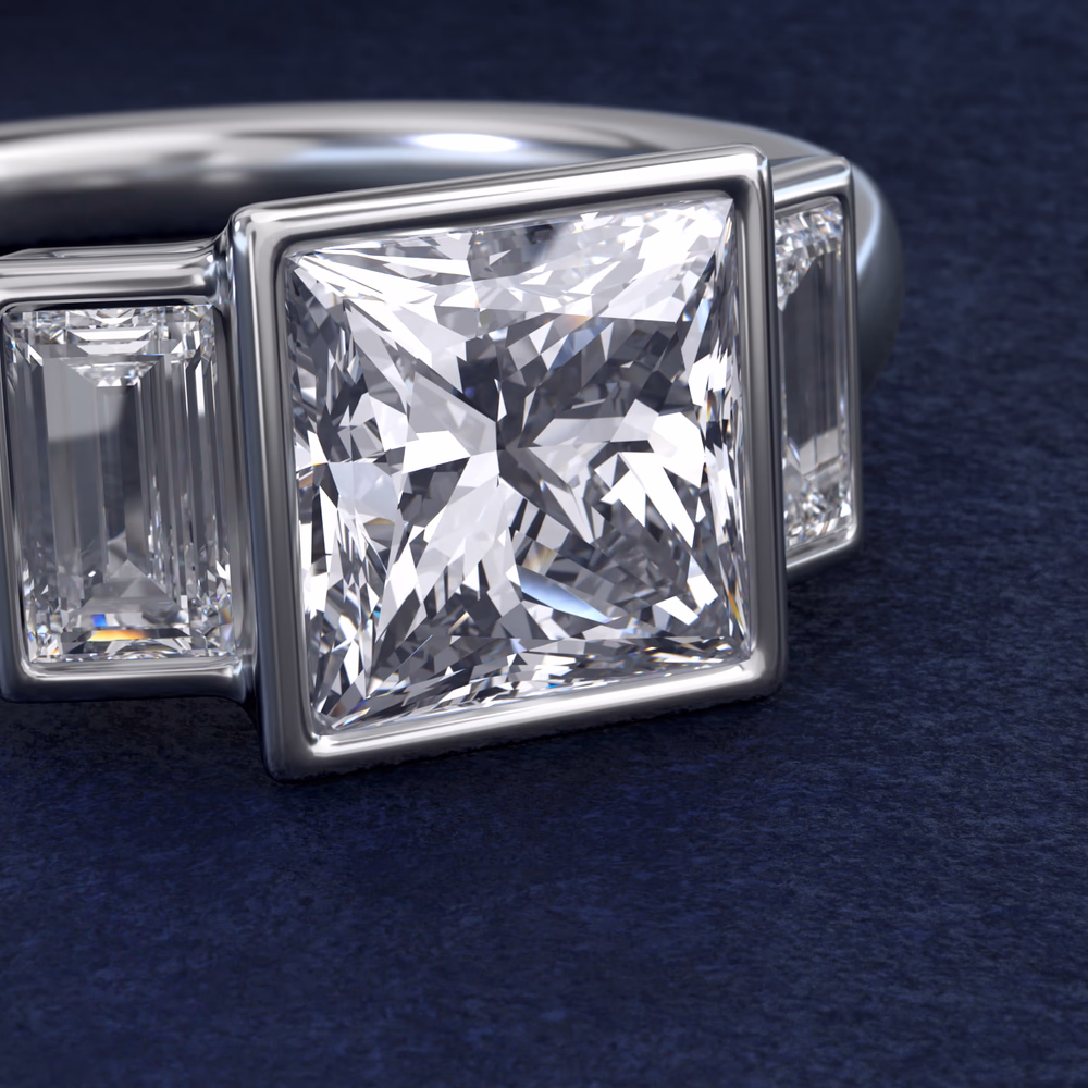Three-Stone Elongated Princess Diamond Engagement Ring in 14K White Gold — three matching princess cut diamonds in a row, geometric harmony