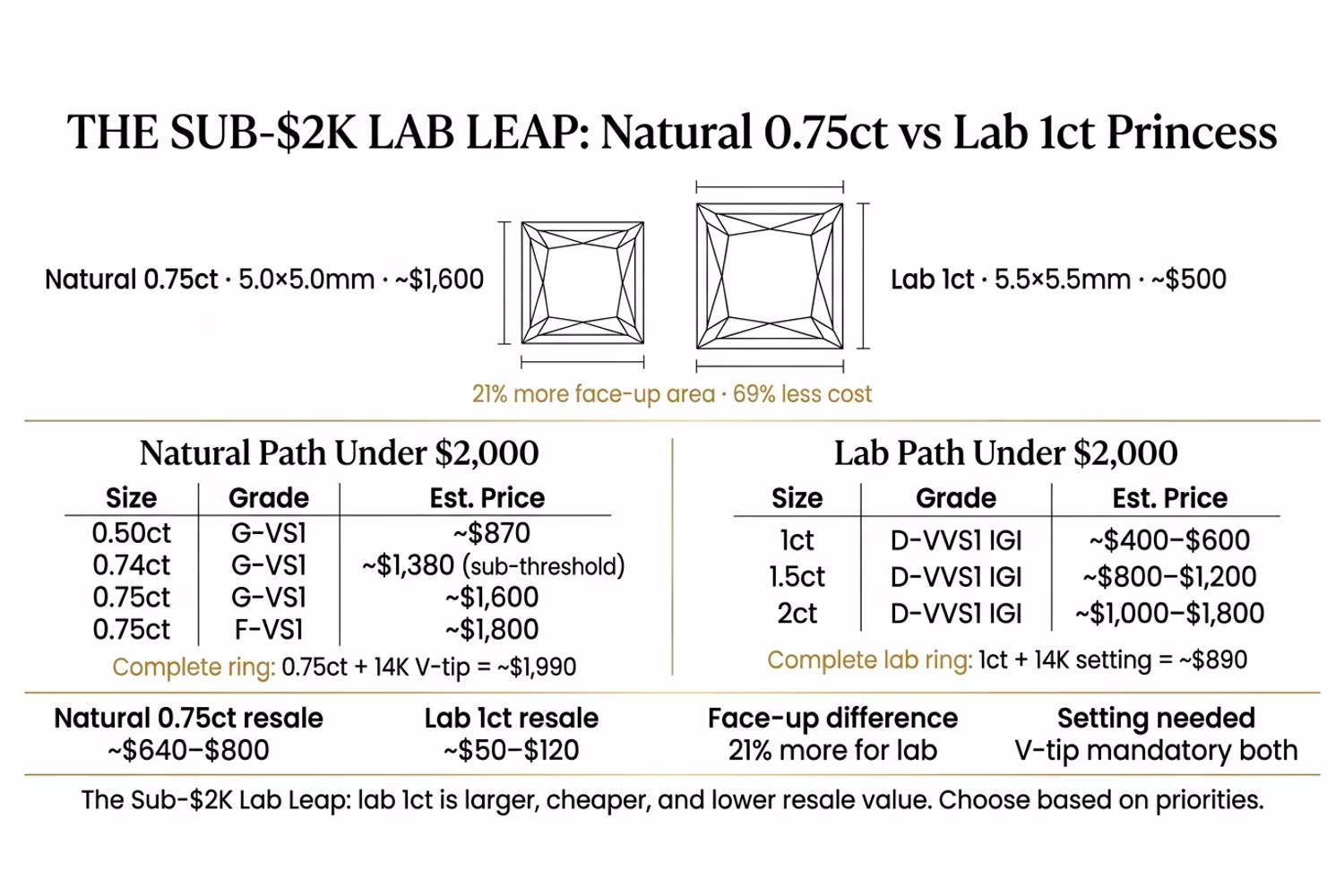 Princess cut under $2,000 — natural 0.75ct vs lab 1ct — The Sub-$2K Lab Leap