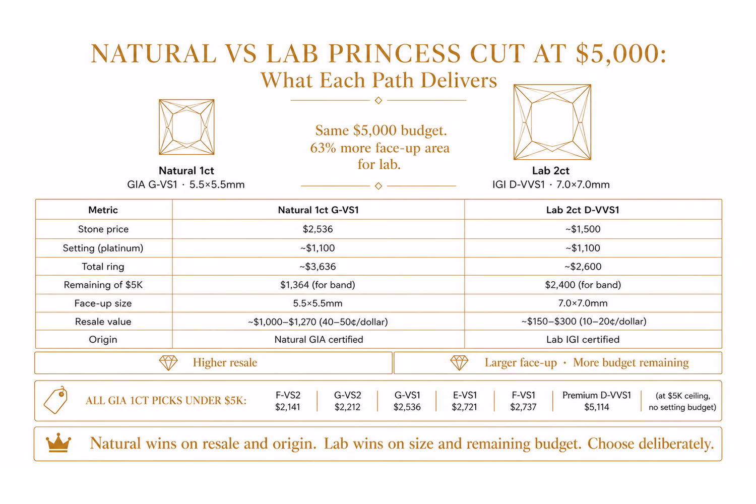 Natural 1ct G-VS1 princess vs lab 2ct D-VVS1 princess at $5,000 — same budget, different results