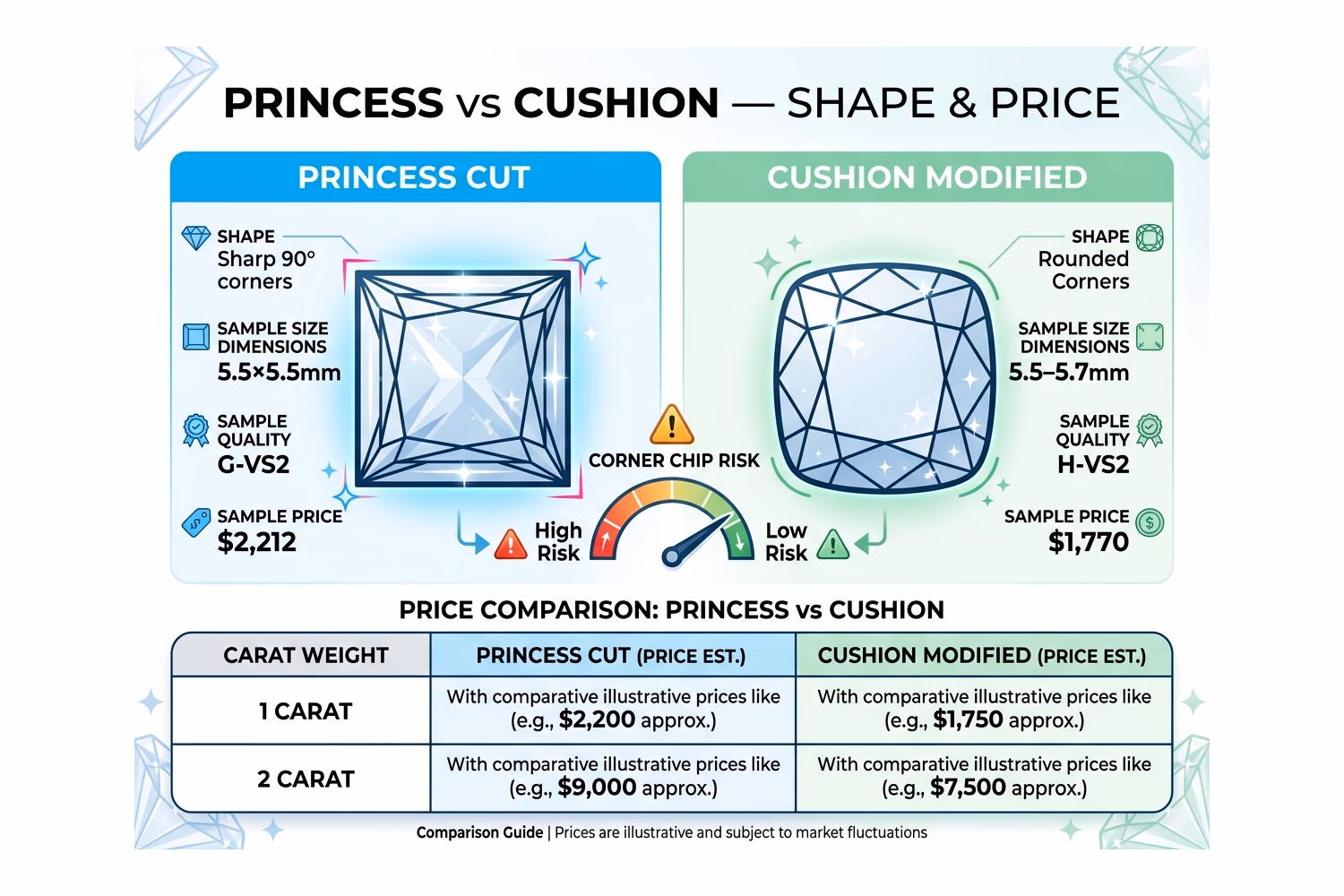 Princess cut vs cushion cut diamond face-up geometry: sharp 90° corners vs rounded cushion corners, face-up mm² at 1ct and L:W ratio comparison