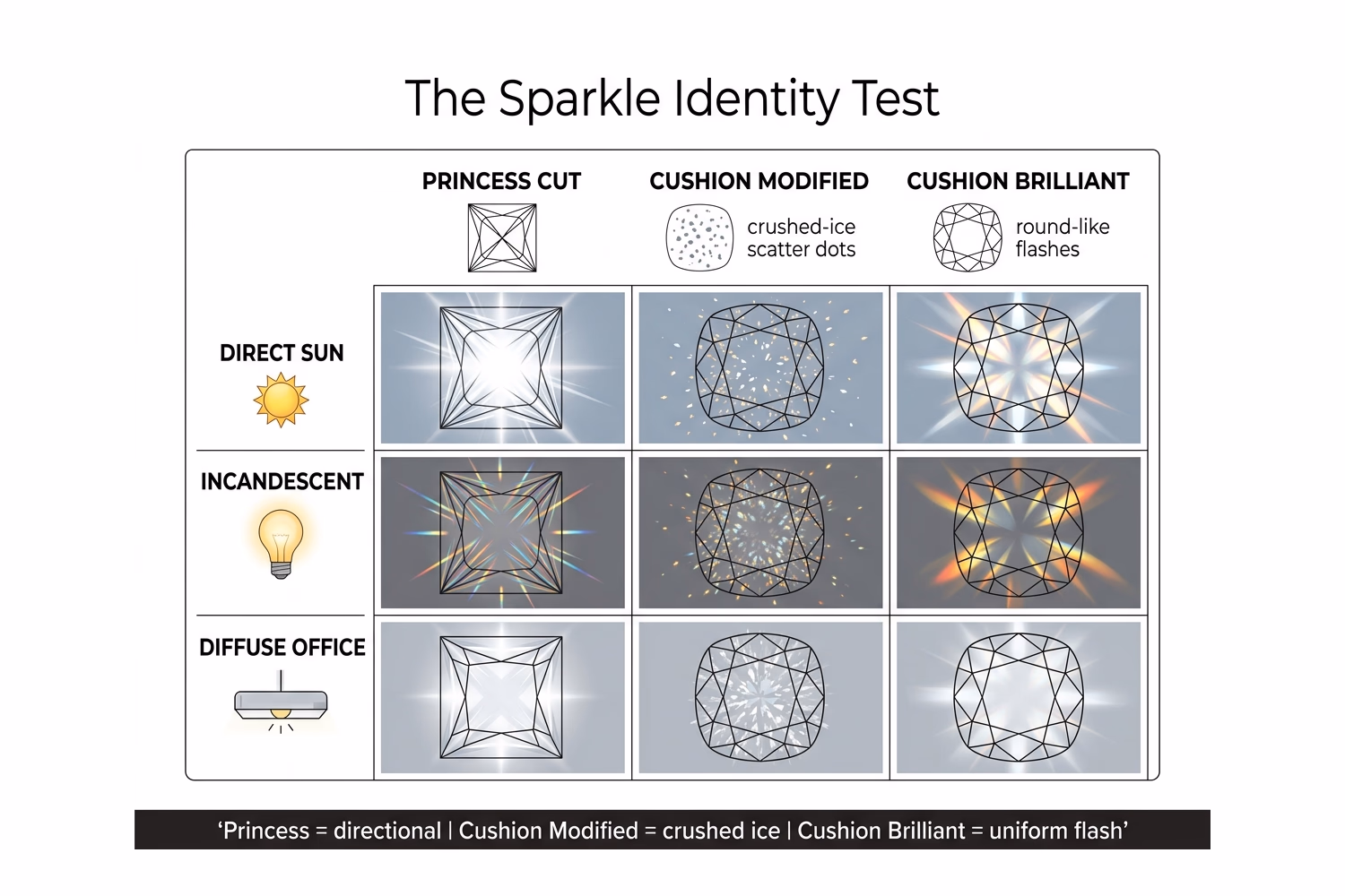 Princess cut vs cushion cut diamond sparkle identity comparison: X-pattern vs crushed ice vs cushion brilliant under three lighting conditions