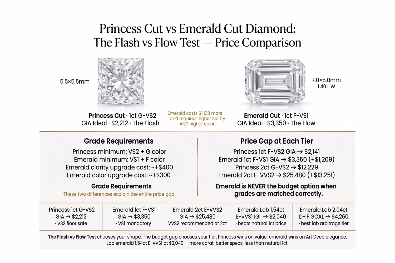 Princess cut vs emerald cut diamond price comparison chart: 1ct and 2ct pricing at matched clarity and color grades, showing emerald premium over princess across all tiers
