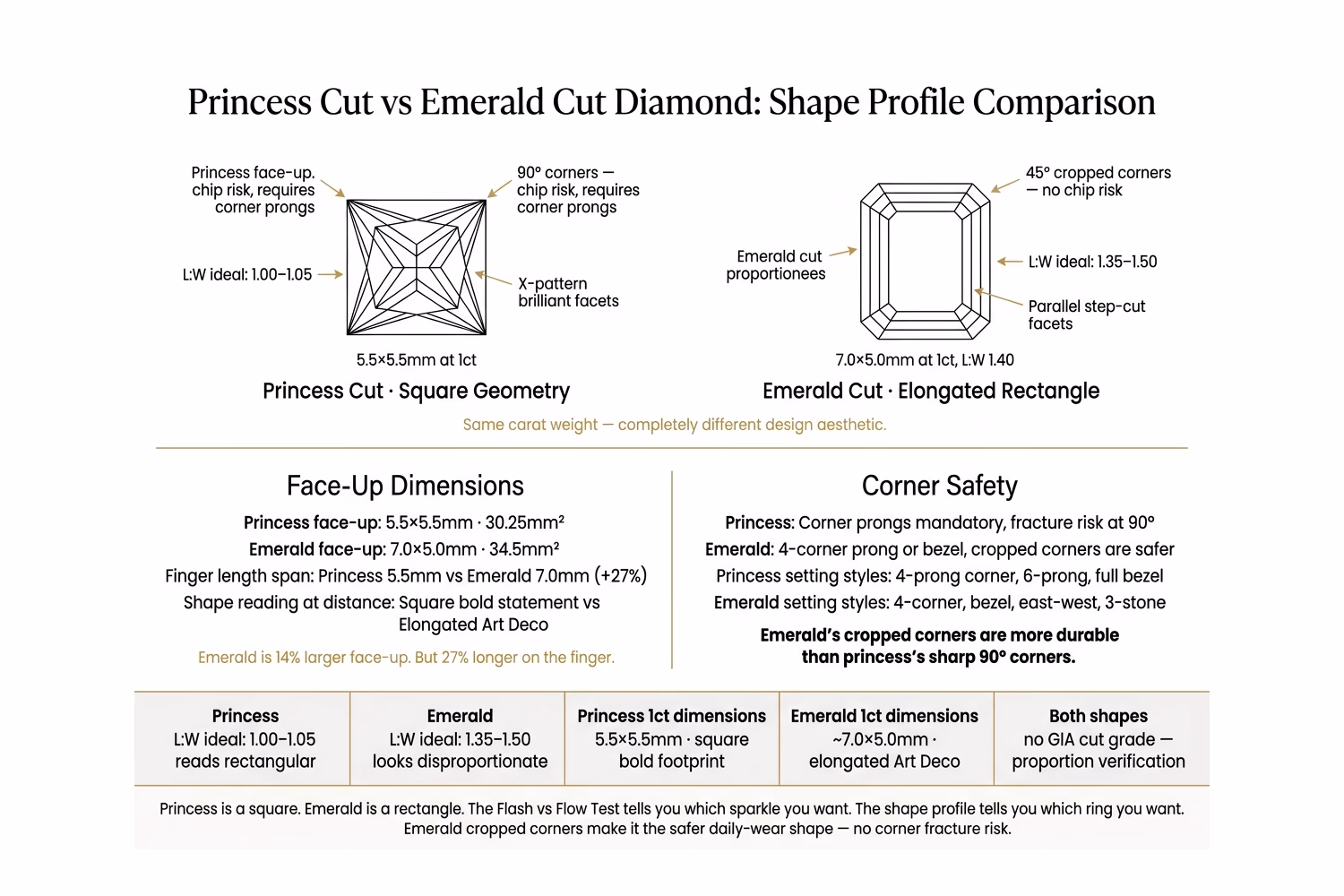 Princess cut vs emerald cut diamond shape comparison: 5.5x5.5mm square princess with chevron facets vs 7.0x5.0mm rectangular emerald with parallel step facets, face-up outline and L:W ratio comparison
