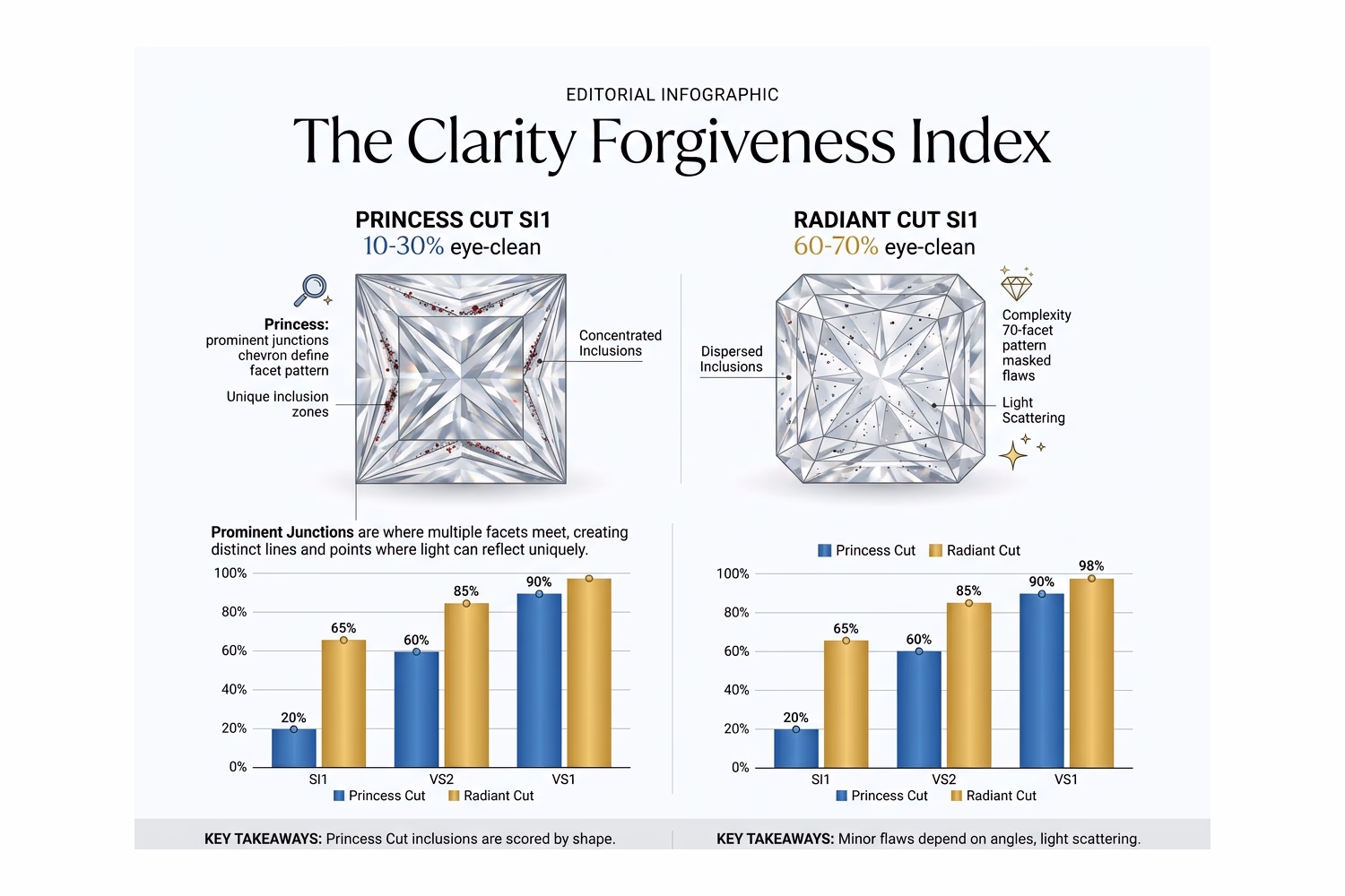 Princess cut vs radiant cut diamond: Clarity Forgiveness Index showing SI1 eye-clean rate comparison, facet architecture diagram, inclusion visibility zones