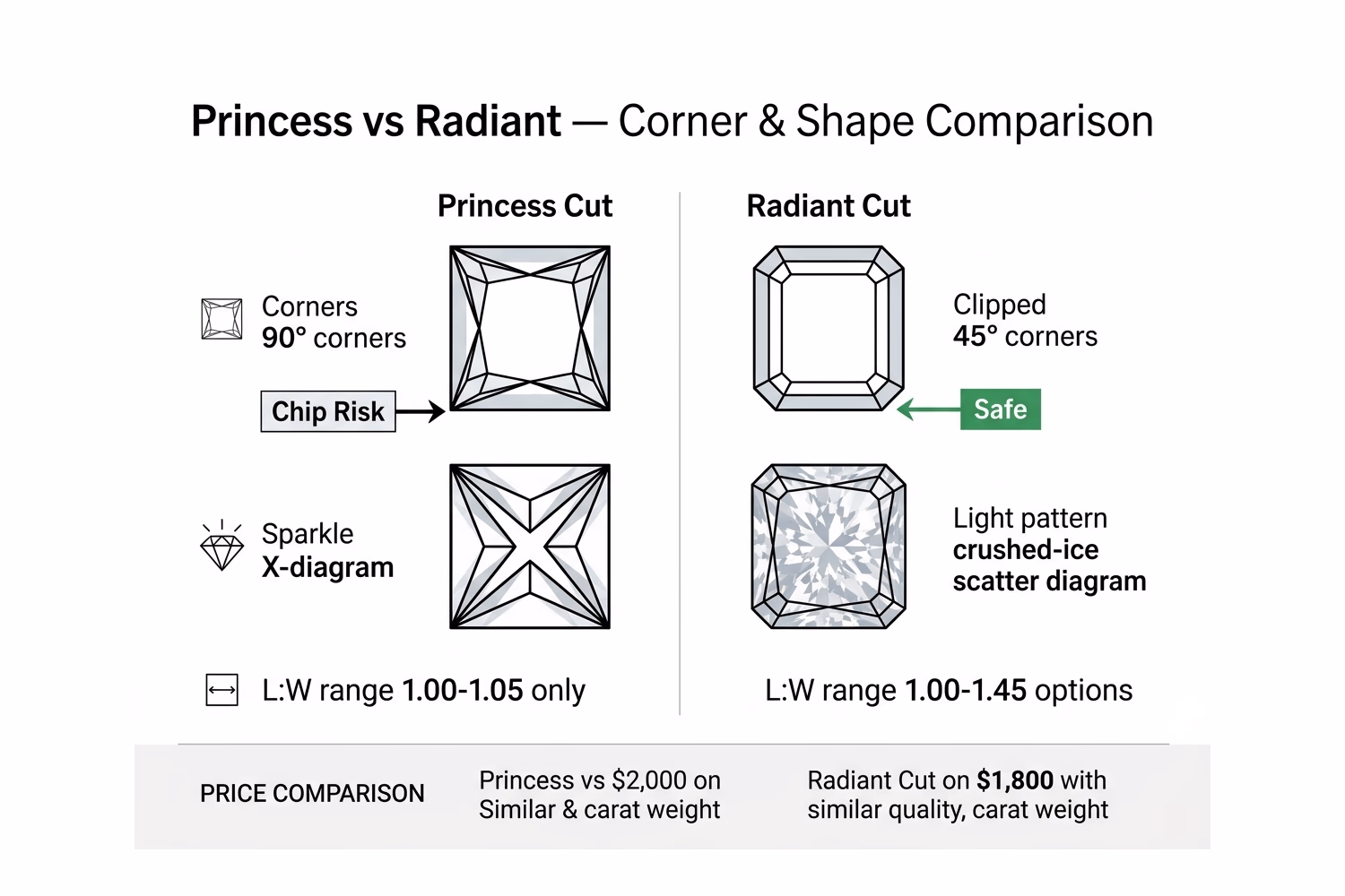 Princess cut vs radiant cut diamond shape comparison: square princess with sharp corners vs radiant with clipped corners, face-up outline and L:W ratio guide