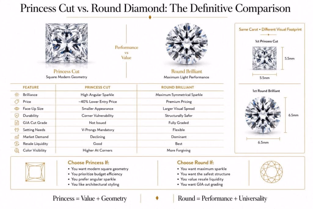 Horizontal editorial infographic comparing princess cut and round brilliant diamonds with side-by-side visuals, technical comparison table, size comparison diagram, and minimalist gold-accented layout on a pure white background.