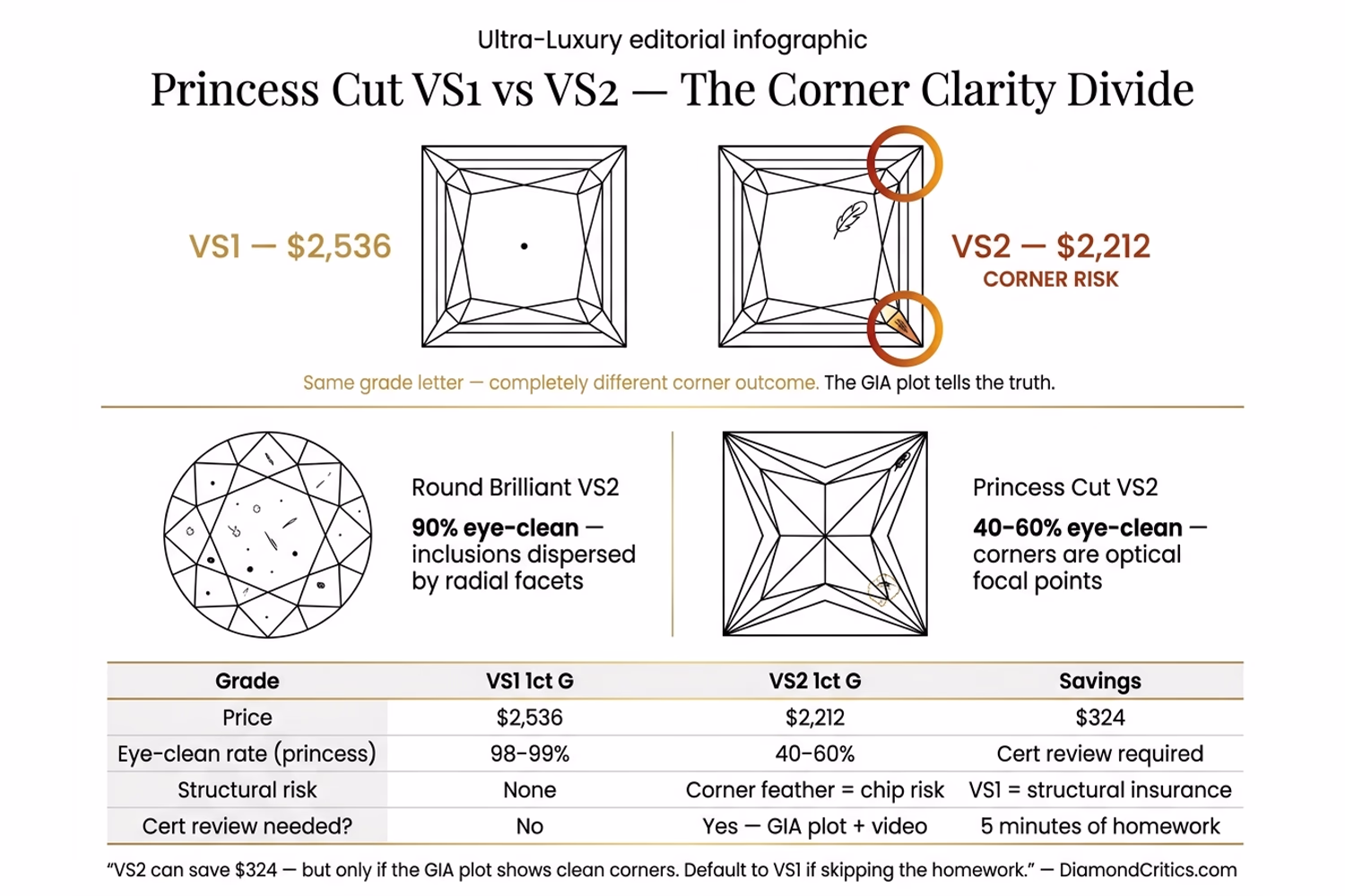 Princess cut VS1 vs VS2 corner clarity comparison — corner inclusion positions, optical weight, and structural risk