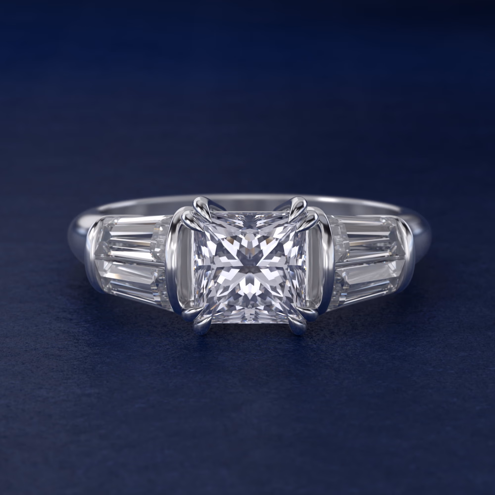 Escalating Baguette Side Stone Engagement Ring in 14K White Gold — princess cut center with ascending baguette diamonds increasing in size toward the center, step-cut baguette facets complement princess cut geometry, white gold neutral metal
