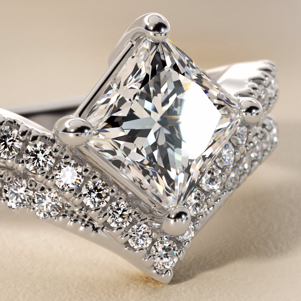 Round Split Band Diamond Halo Engagement Ring in 14K White Gold — princess cut center diamond with pavé halo and split band branches, white gold creates continuous field of brilliance from center to finger
