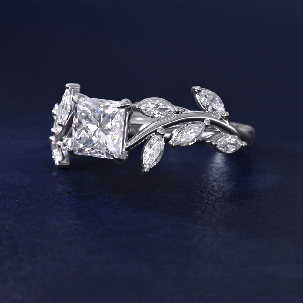 Riviera Pavé Diamond Engagement Ring in 14K White Gold — princess cut center with 5/8 ct tw riviera pavé diamonds continuously set around the full band, white gold creates seamless diamond-to-metal transition