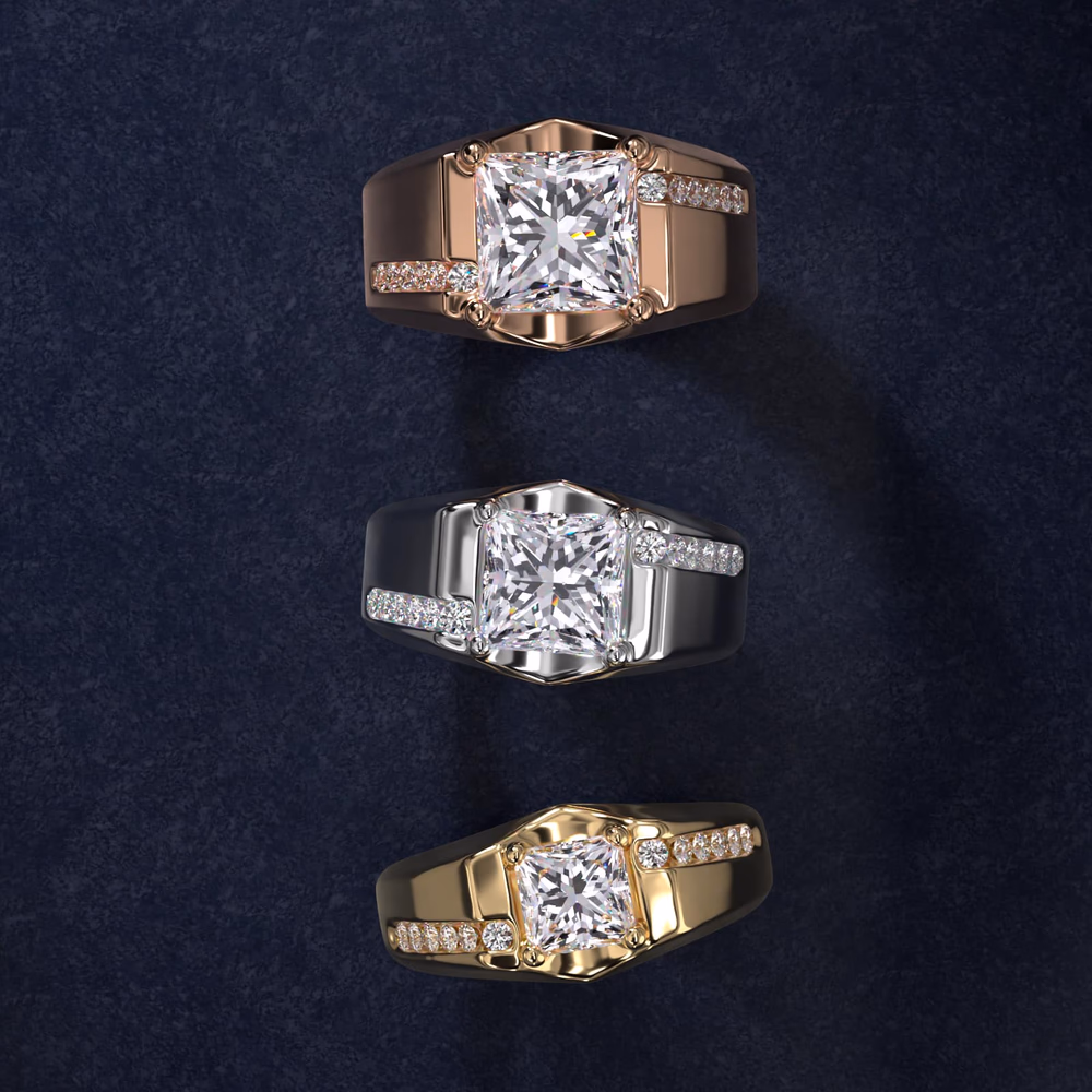 Marquise Three Stone Engagement Ring in 14K White Gold — princess cut center diamond with east-west marquise side stones, white gold setting creates neutral consistent brilliance across all three stones