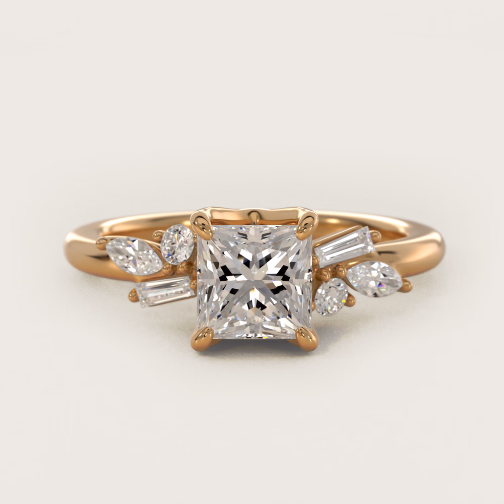 Common Prong Pavé Engagement Ring in 14K Yellow Gold — princess cut center diamond with shared prong pavé band, maximum accent diamond sparkle density, warm yellow gold frame