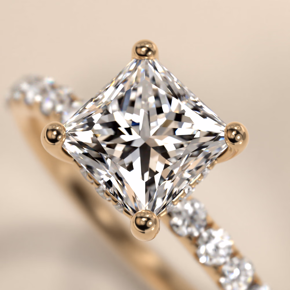 Petite Solitaire Engagement Ring in 14K Yellow Gold — princess cut center diamond, thin 1.6mm band, four V-prongs, clean yellow gold solitaire with maximum diamond exposure