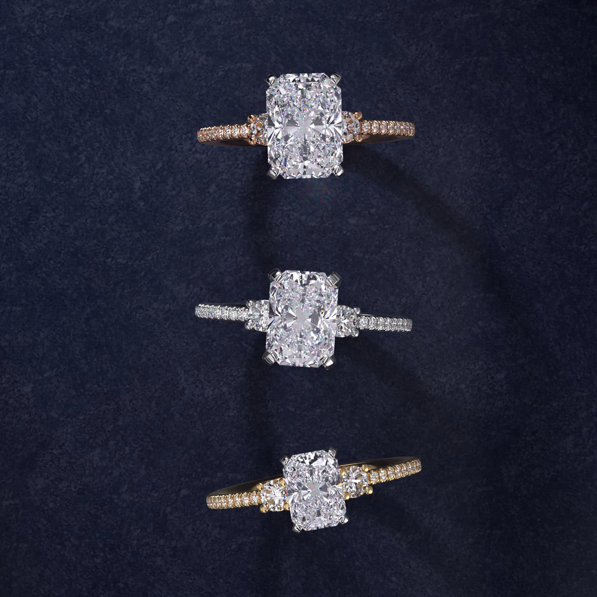 Radiant cut engagement ring yellow gold solitaire on display