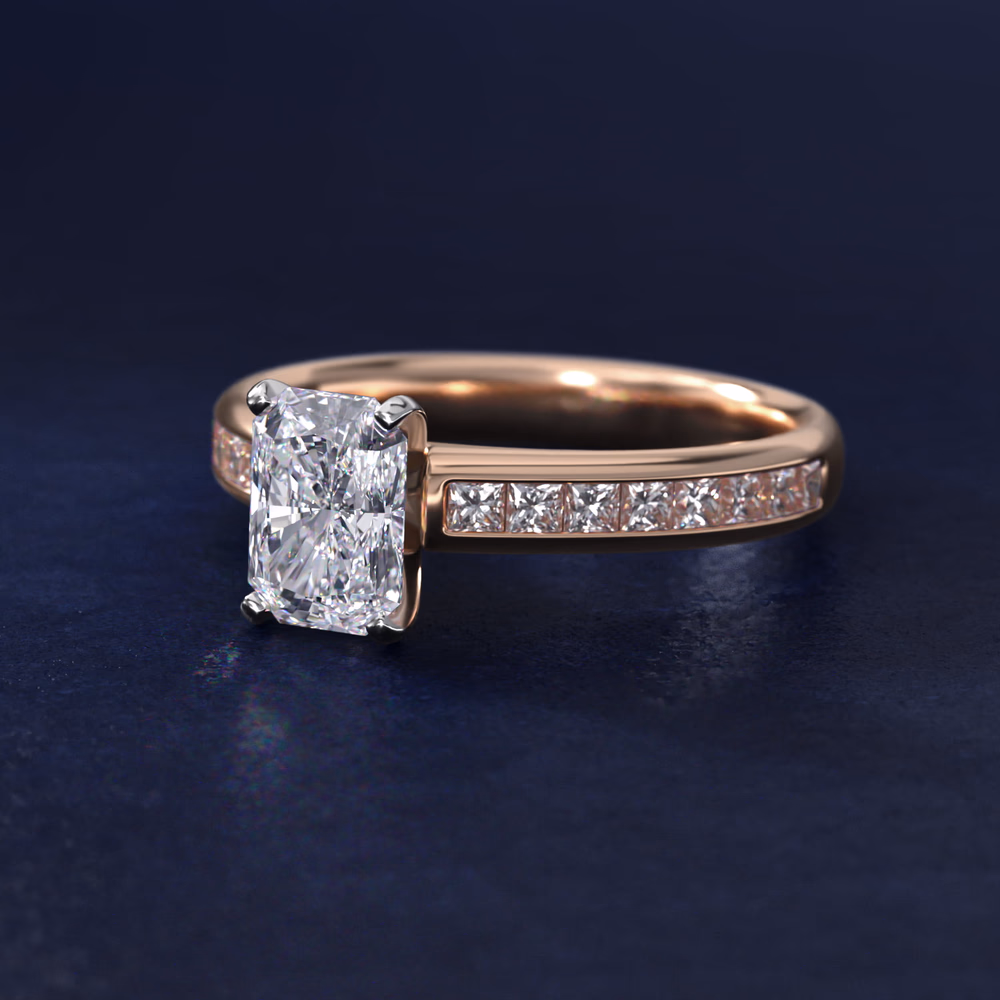Radiant cut diamond rose gold channel-set princess band engagement ring product shot