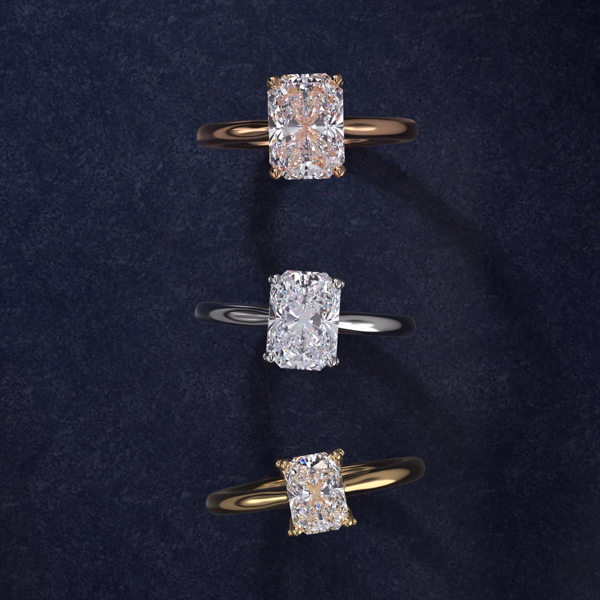 Radiant cut engagement ring rose gold solitaire on white background