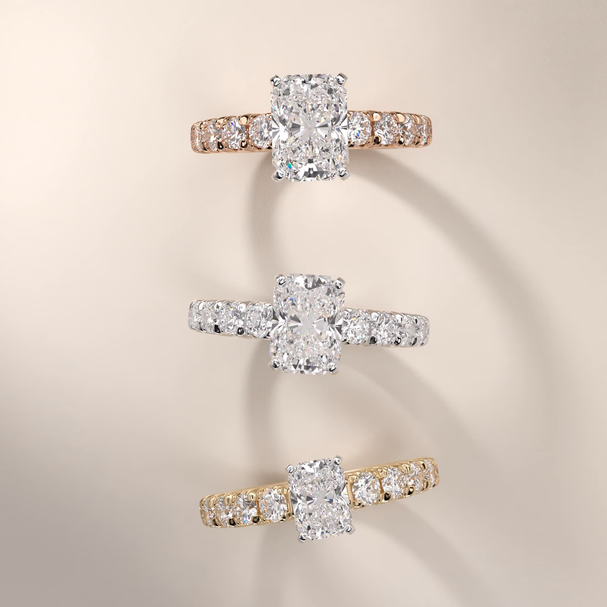 Radiant cut engagement ring white gold solitaire setting on white background