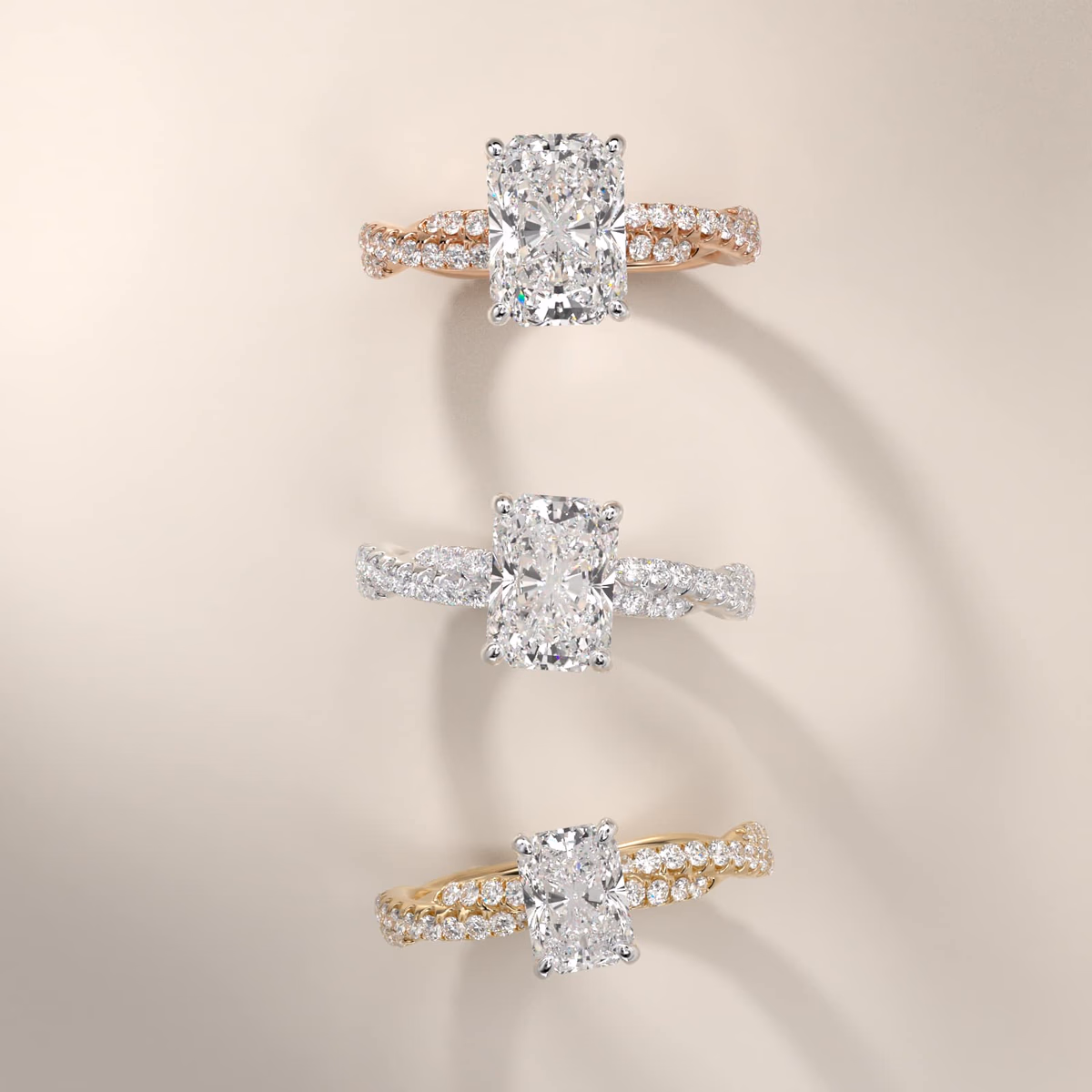 Radiant cut diamond ring white gold pavé band setting on display