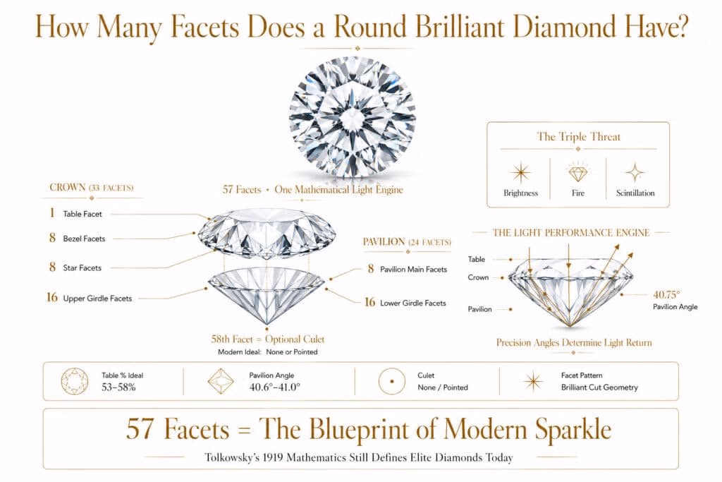 Luxury editorial infographic explaining the 57 facets of a round brilliant diamond including crown pavilion culet and light performance with clean white background and refined gold accents