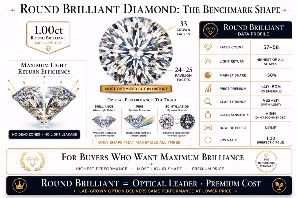 Round Brilliant Diamond Benchmark Premium infographic showcasing the round brilliant diamond, highlighting its 57–58 facet structure, superior light performance, and why it is considered the benchmark diamond shape.
