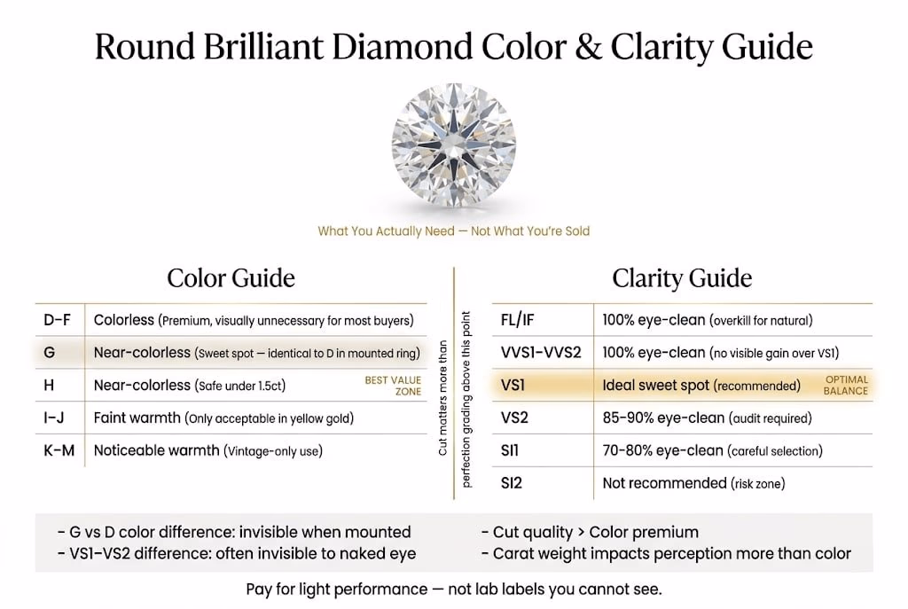Ultra-luxury editorial infographic explaining round brilliant diamond color and clarity grades, highlighting G color and VS1 as optimal value zones on a clean white background with gold accents and structured comparison tables.
