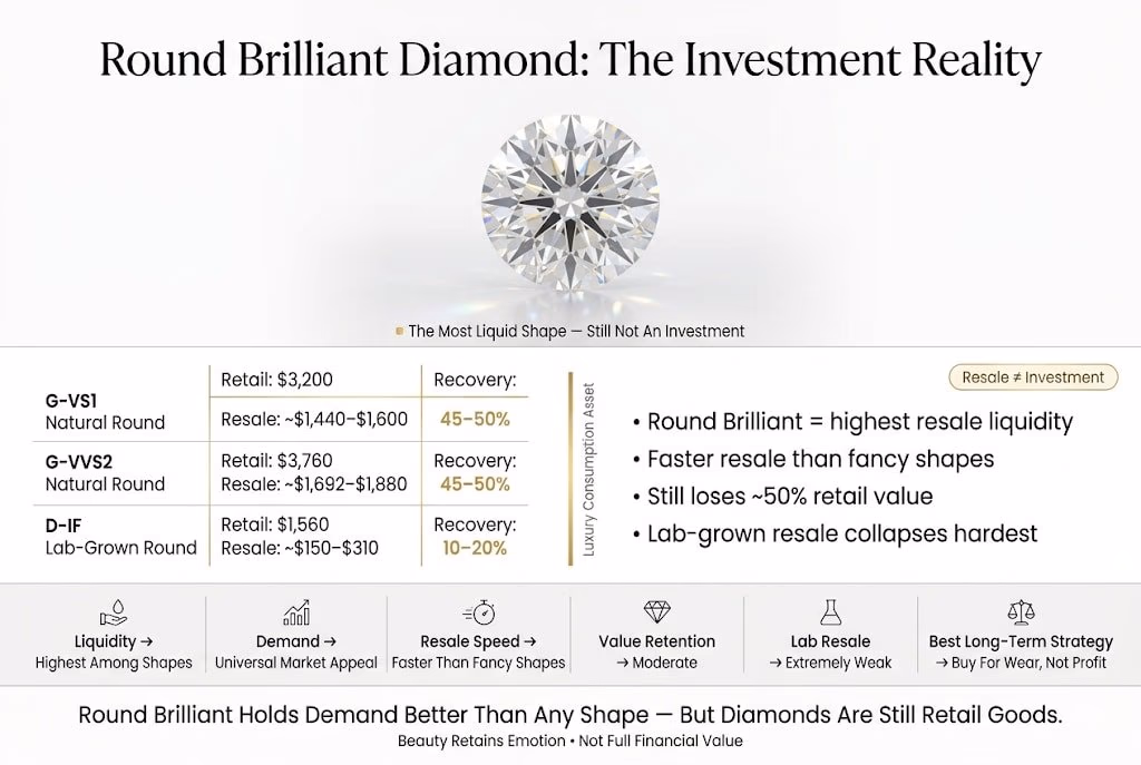 Ultra-luxury editorial infographic showing round brilliant diamond resale reality, comparing natural and lab-grown diamonds with 40–50% resale recovery, minimalist white background with gold accents and structured market data.