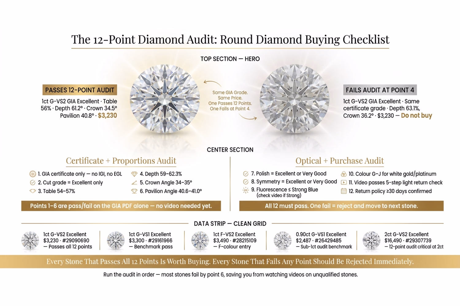 Round diamond 12-point buying audit checklist showing all 12 pass/fail criteria from GIA certificate through video inspection to return policy verification on white editorial background
