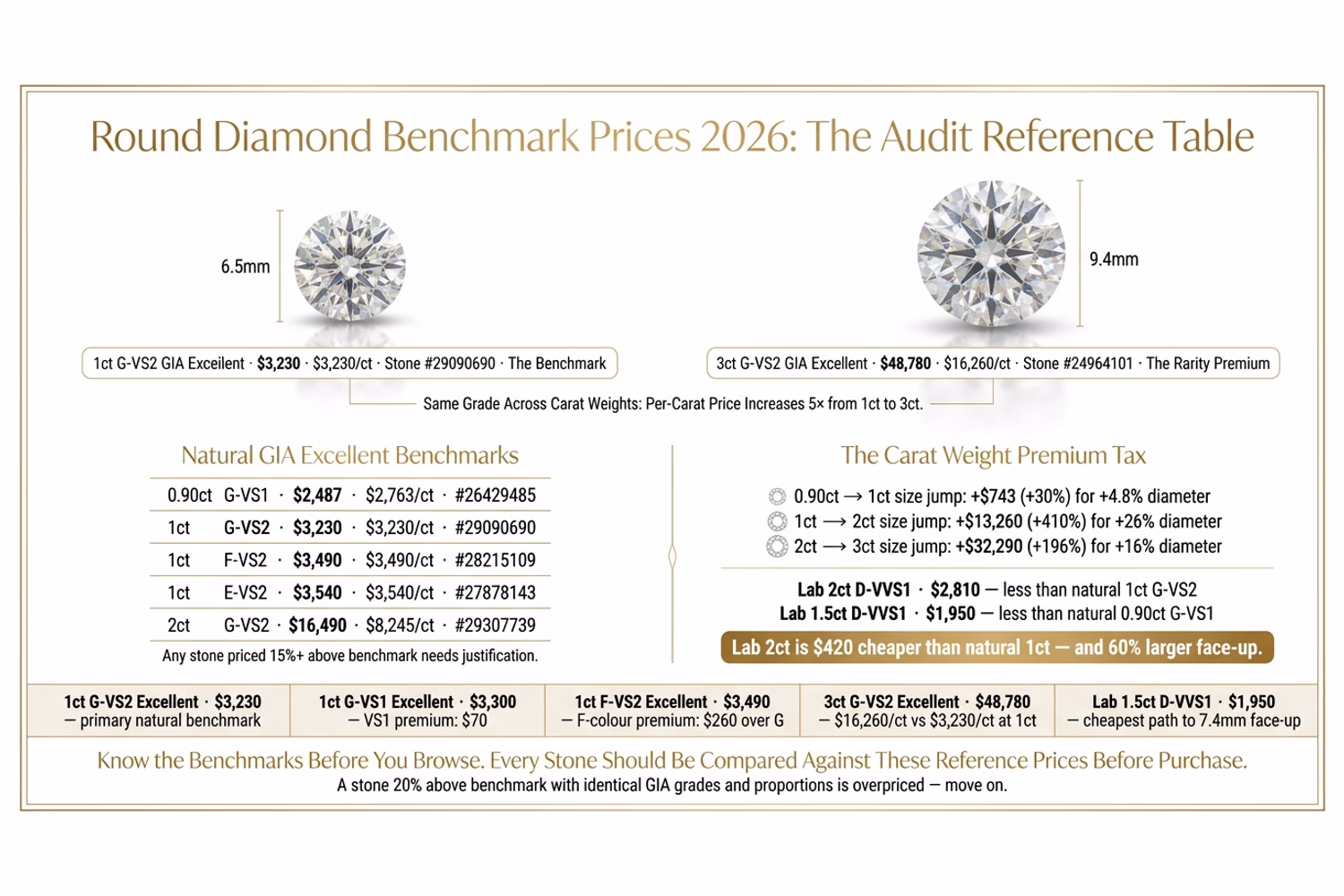 Round diamond buying checklist quick reference guide showing proportions sub-filter, video inspection protocol, and per-carat price benchmark on white editorial background