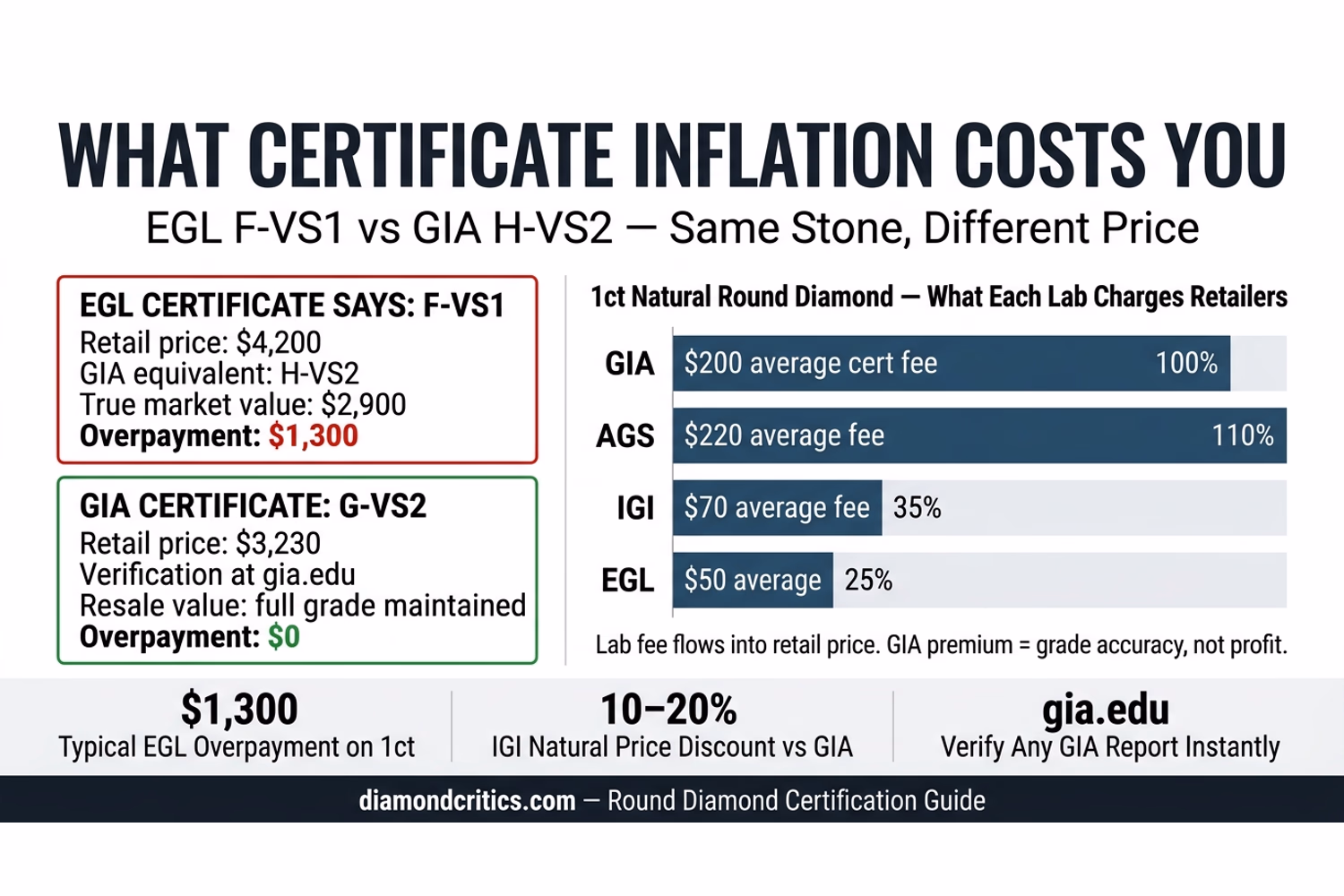 Certificate Inflation Scale: how EGL and IGI grades compare to GIA equivalents and the price difference The Certificate Inflation Scale infographic showing how EGL and IGI natural stone grades compare to GIA equivalents, with dollar impact at 1ct: EGL F-VS1 vs GIA H-VS2 = $1,150 overpayment