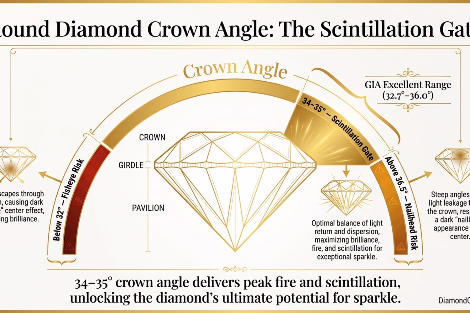 Round diamond crown angle diagram — 34–35° optimal zone, fisheye at 28–32°, nailhead at 36.5°+, GIA Excellent range overlay with light path illustration