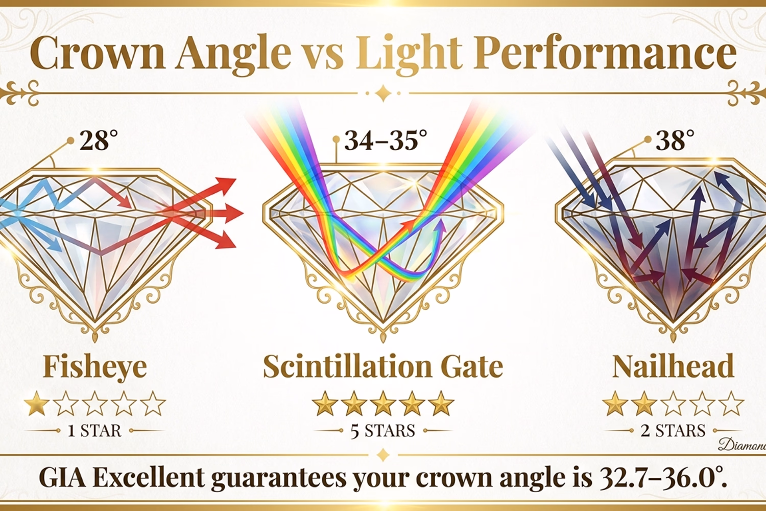 Round diamond crown angle light performance comparison — fire and brilliance output at 32°, 34°–35° optimal zone, and 37° with directional light arrows