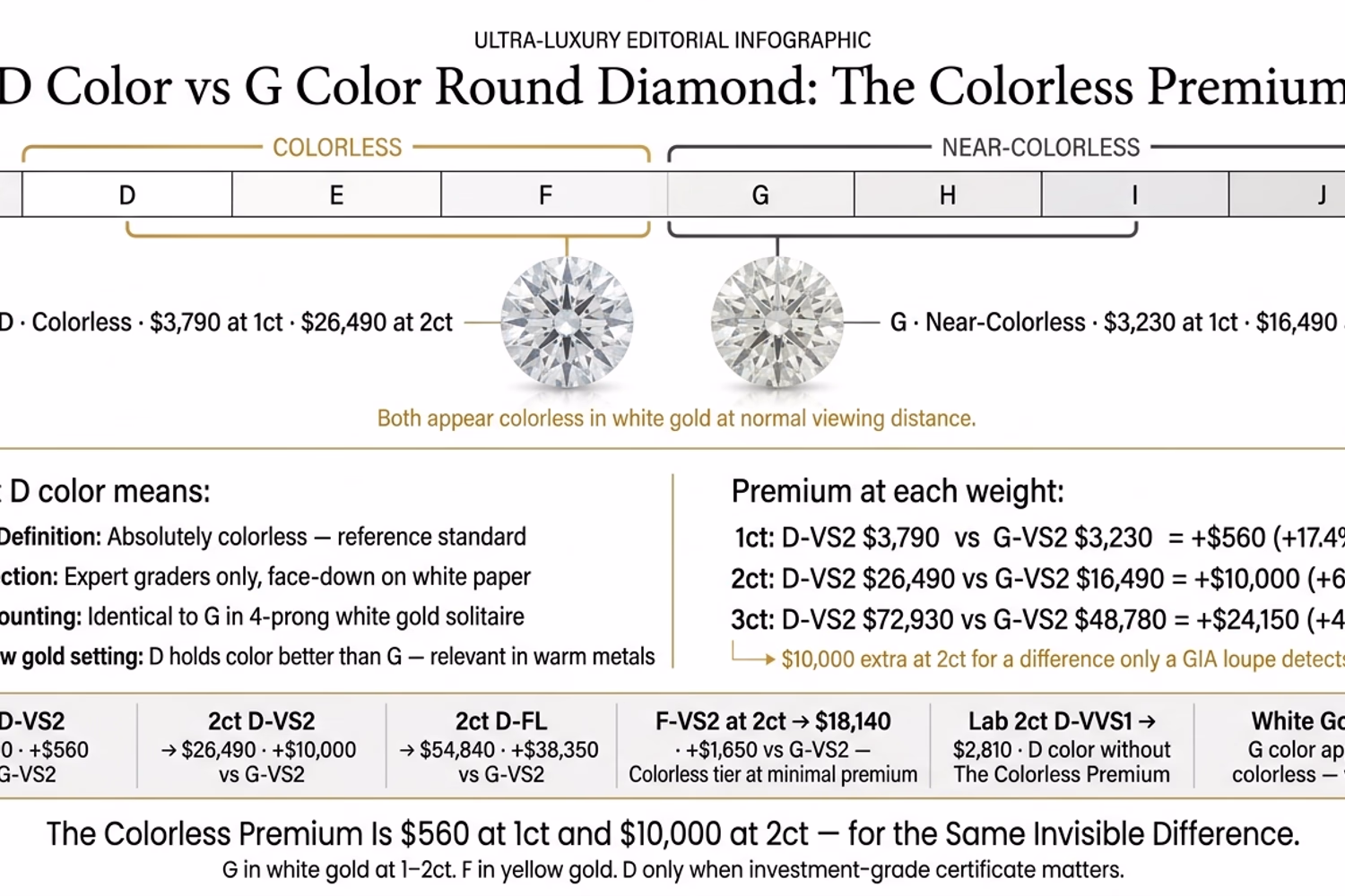 D color versus G color round diamond comparison showing colorless versus near-colorless grading on white editorial background