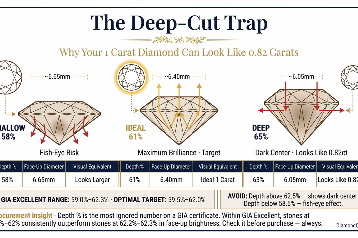 The Deep-Cut Trap — round diamond cross-section at 58% shallow, 61% ideal, 65% deep showing light path differences and face-up size impact