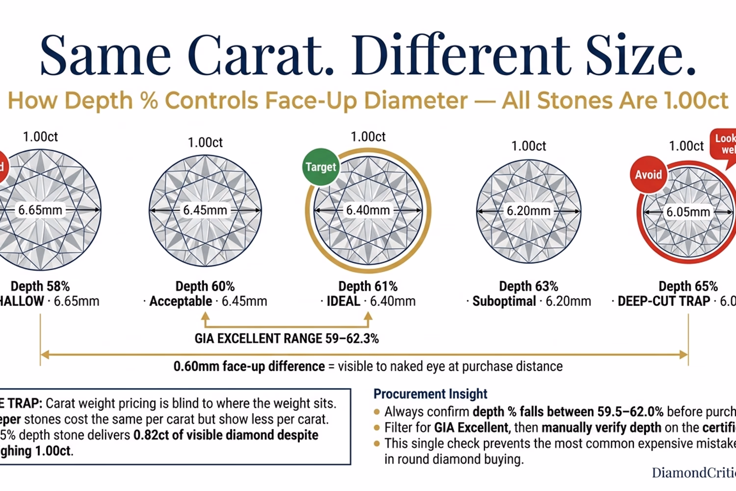 Round diamond depth percentage diagram — 59-62% optimal vs 65% deep-cut showing face-up size difference