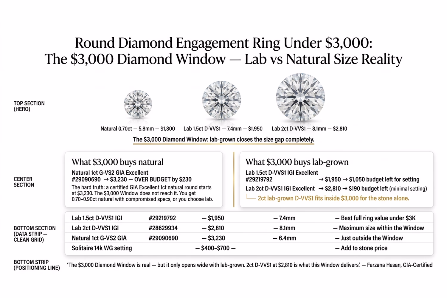 Under $3,000 round diamond engagement ring options comparing lab 2ct D-VVS1 $2,810 vs natural 0.9ct G-VS2 $2,400 face-up size